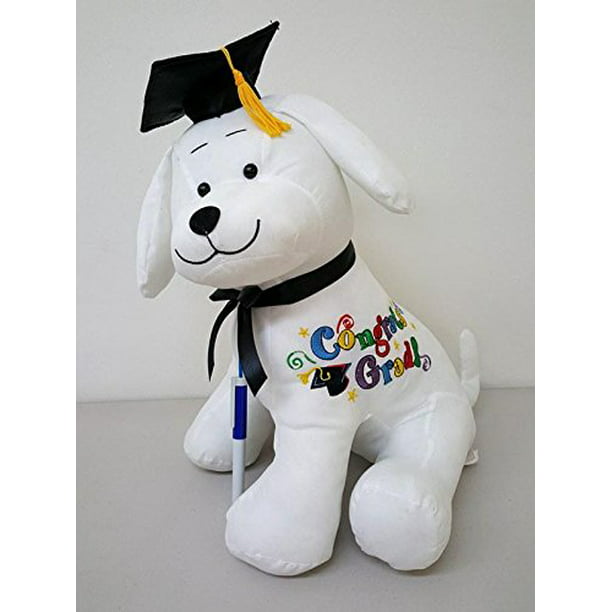 Congrats Grad Blue Hat Graduation Autograph Stuffed Dog With Pen 10.5"